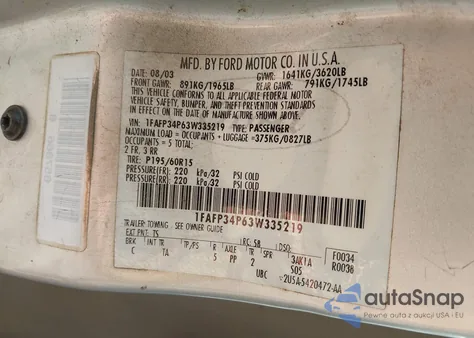 2003 Ford Focus Se из США, поврежденный, VIN 1FAFP34P63W335219